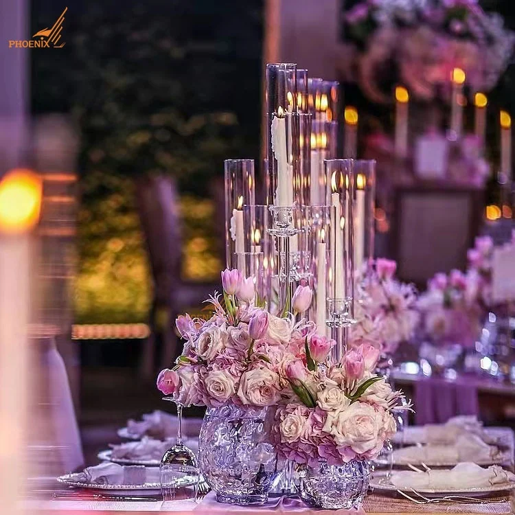 39.4' Tall Table Decoration Cheap Tall New Wedding Centerpiece Tall Glass Tubes Candle Holder Crystal Candelabra with Lampshade