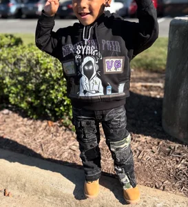 Custom logo Manufacturers Cotton French Terry Hooded Streetwear Acid Wash Pants Pat Pat Kids Clothing 2 Pieces Set