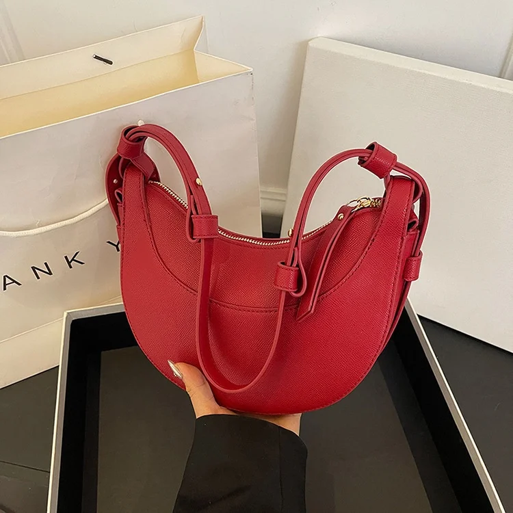 High Quality French Polynesian Style Semi-Circle Saddle Bag Crossbody Shoulder Zip Closure Fashionable Polyester PU Material