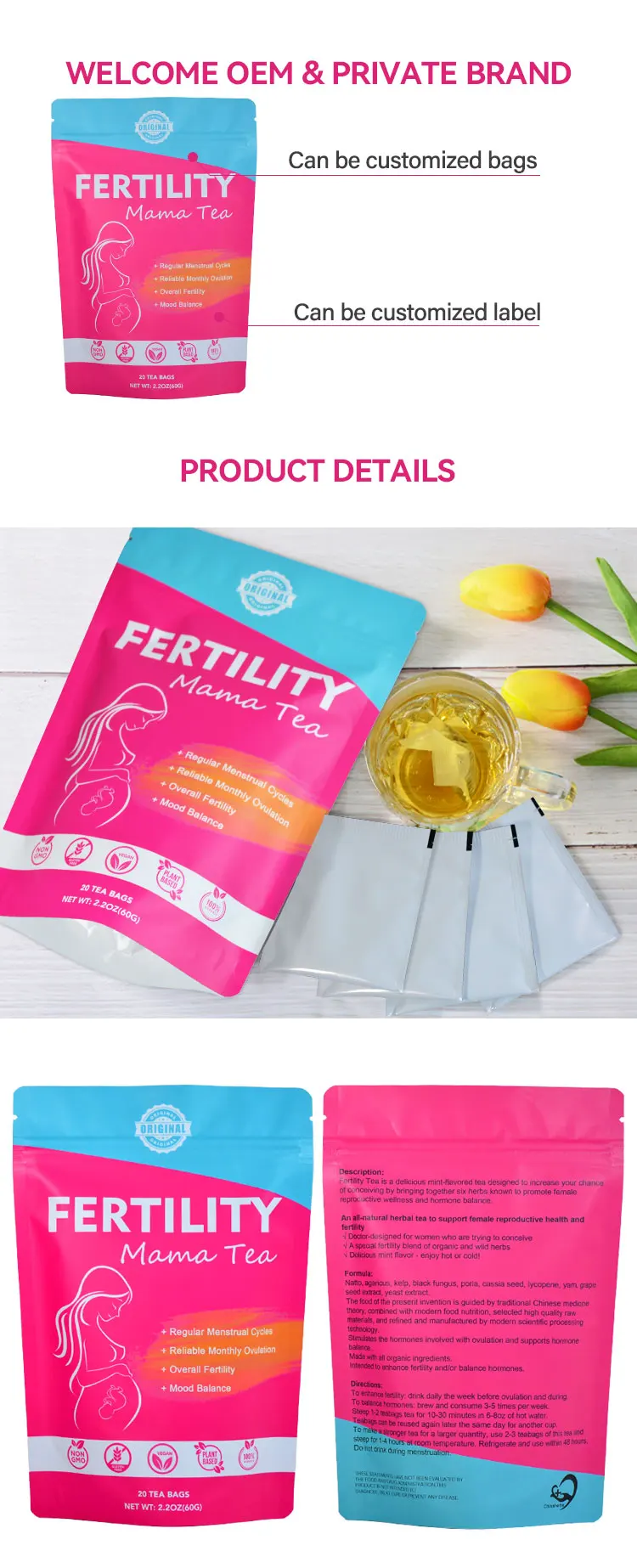 Chinaherbs Organic Natural Womb Detox Fertility Tea For Women To Get Pregnant Vegan Herbal Tea