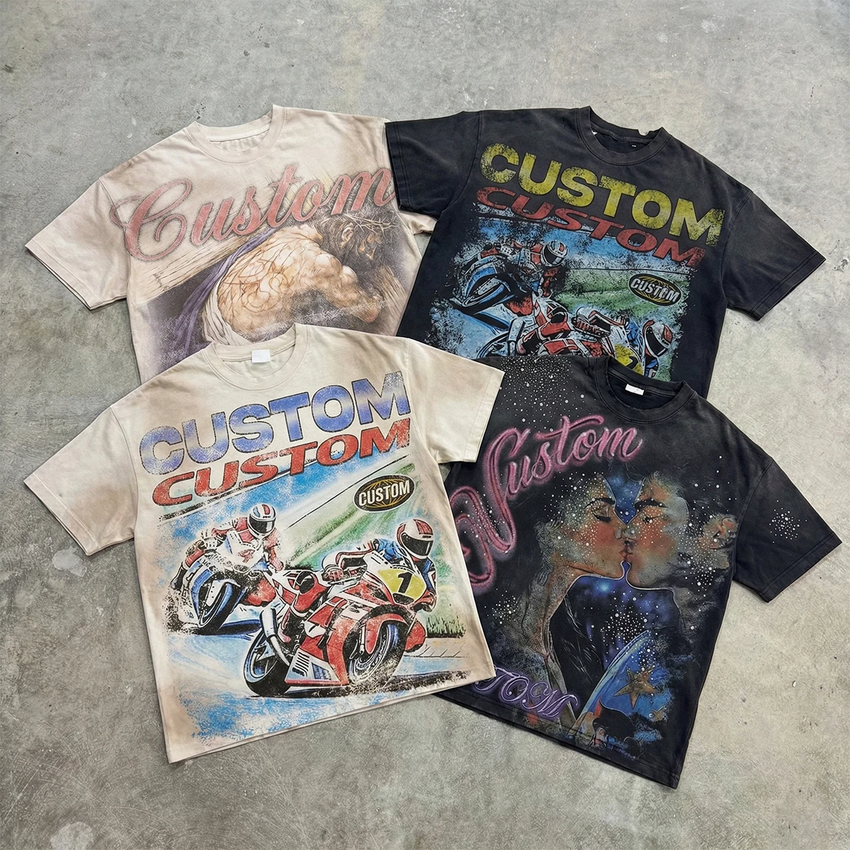 Niestandardowe męskie T-shirt z efektem kwasowego starzenia, z bawełny, ciężkie, oversize, z grafiką, z cyfrowego druku DTG, streetwearowe, w kroju boxy, przycięte (crop top) dla mężczyzn