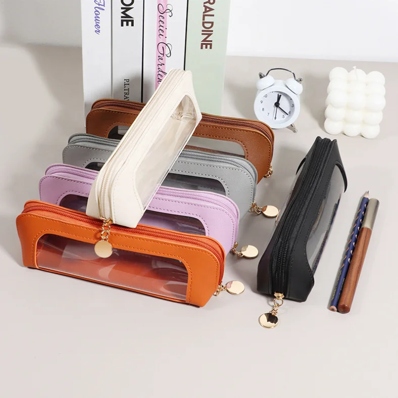 Men Women PVC Zipper Stationery Box PU Leather Make-up Brushes