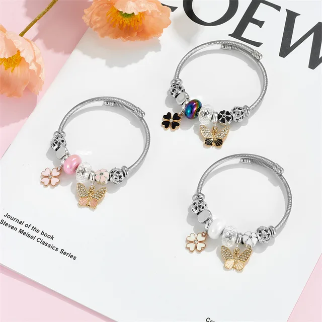 High quality silver plated stainless steel butterfly charm bracelet large hole beads flower pendant bangle bracelet for women