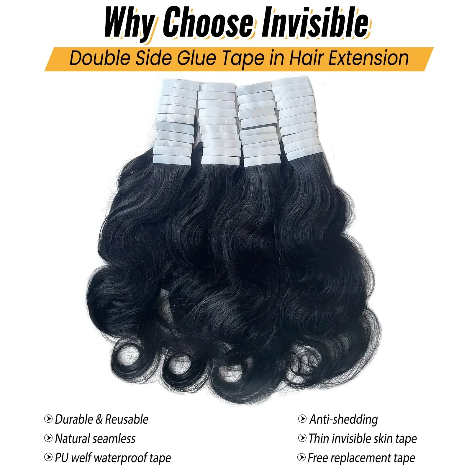 Fita Body Wave em extensão de cabelo humano cor natural Remy trama adesiva alta qualidade #1B para salão_voghion.com