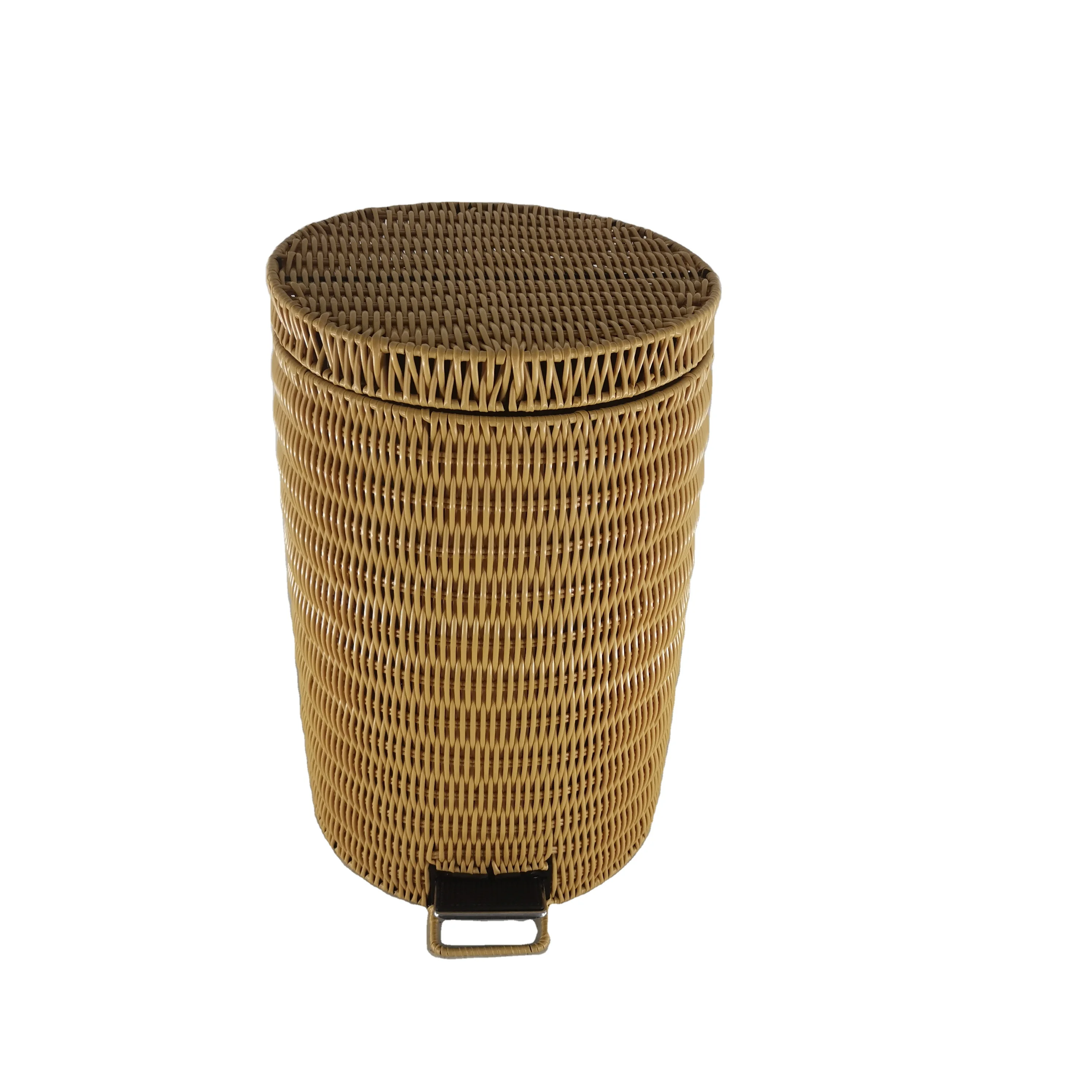 Factory Customized Large Capacity  Hand Woven Plastic Rattan Waste Bin  Rattan Rubbish Bin with Foot Pedal