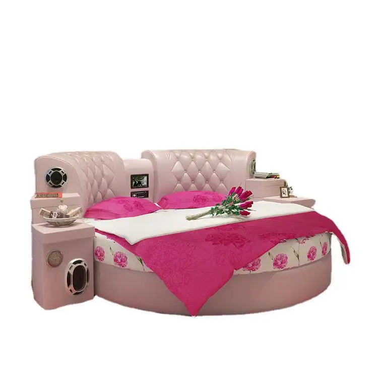Европейский кожаный современный дизайн большая многофункциональная двойная мягкая круглая модная свадебная Кровать