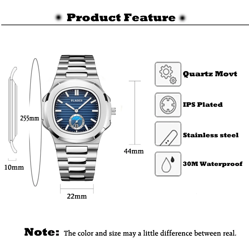 High End Men PLADEN Analog Quartz Wristwatch Elegance Watches Stainless Steel Relojes Hombre China Case OEM