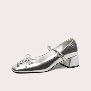 Silver Mary Jane Pumps for Women Square Toe Block Heel Shoes with Rhinestone Bow Decoration Square Toe Mary Jane Shoes
