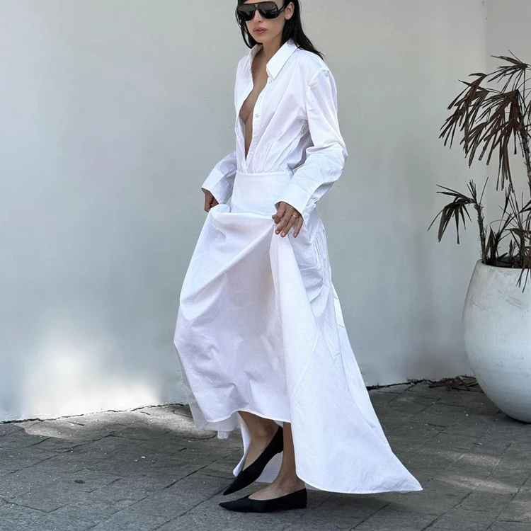 Zip Button Up Long Sleeve White Cotton Maxi Summer 2025 Ladies
