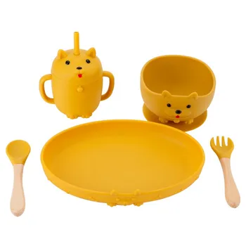 Wholesale Baby Tableware Set BPA-Free Food Grade Silicone Customized Anime Design Waterproof Bibs Spoon Plate Bowl for Children