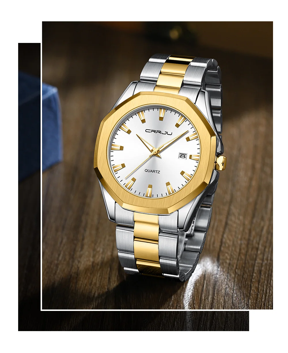 Crrju 5004 Men Watches Stainless Steel Trend Design Sport Watch Waterproof Big Dial Golden Luxury Japan Quartz Wristwatches