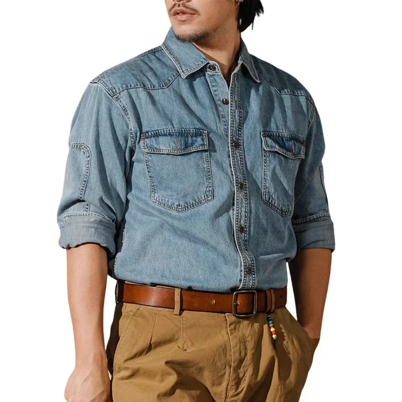 American Retro Western Cowboy Shirt Men Amekaji Long Sleeve Casual Denim Workwear Washed Tough Guy Jacket