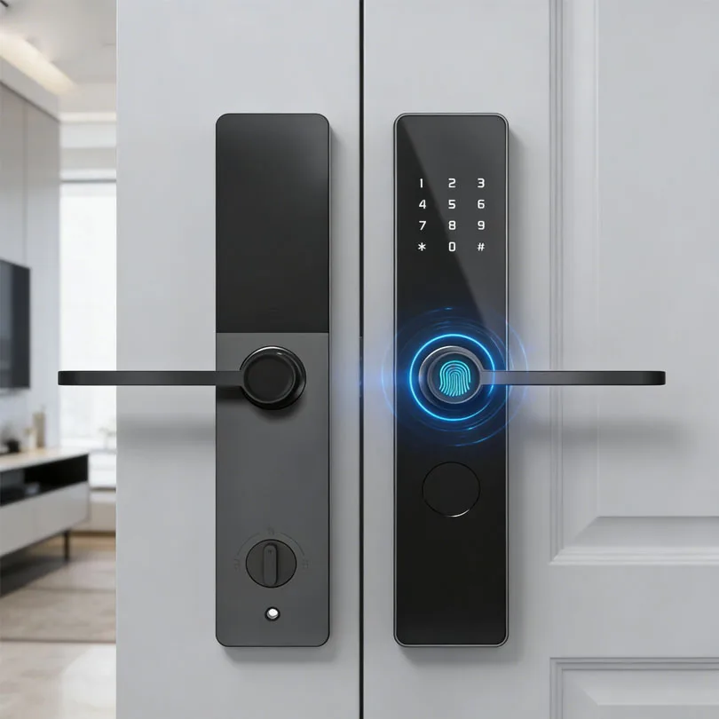 ล็อกประตูอัจฉริยะระดับพรีเมียมเพื่อความปลอดภัยสูง รองรับ WiFi และ Bluetooth พร้อมฟังก์ชันปลดล็อกด้วยลายนิ้วมือและรหัสผ่าน ผิวเคลือบสีดำด้าน ยี่ห้อ Kaisstar