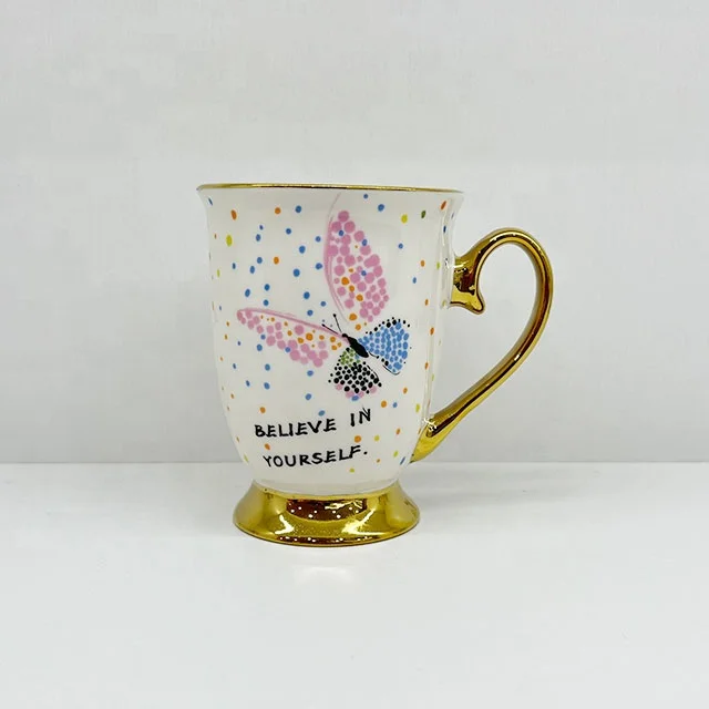 Customized Gold butterfly Decal Applied Ceramic Coffee Mug