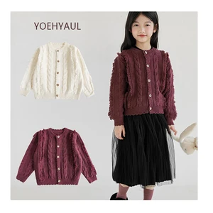 YOEHYAUL NO MOQ Winter Thick Latest Sweater Designs for Girls OEM ODM Anti-Pilling Tassel Girls Sweater Cardigan Knit Kids