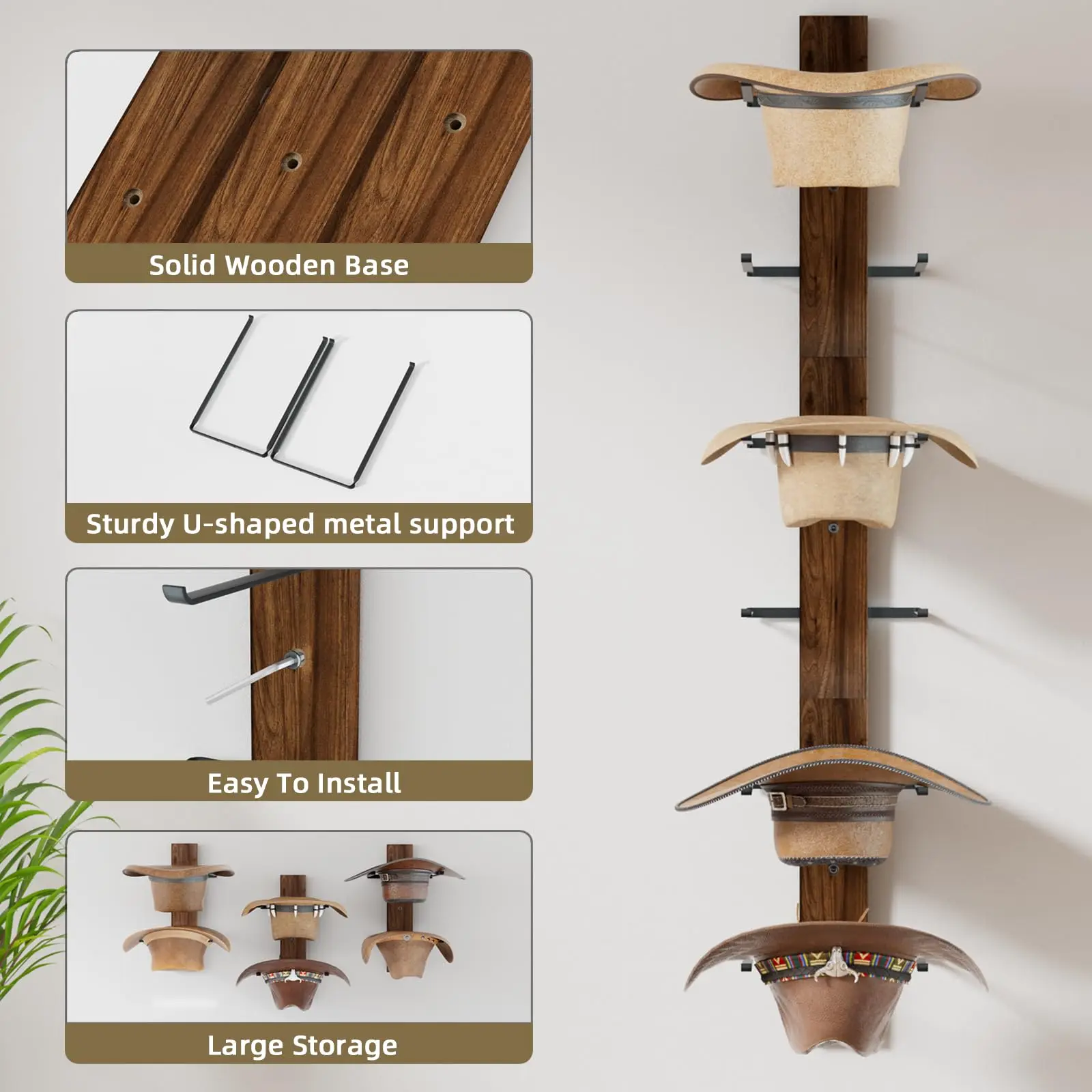 product wall mounted cowboy hat rack 6 tier wooden hat hanger for western hats caps accessories hat holder large brim hat organizer-9
