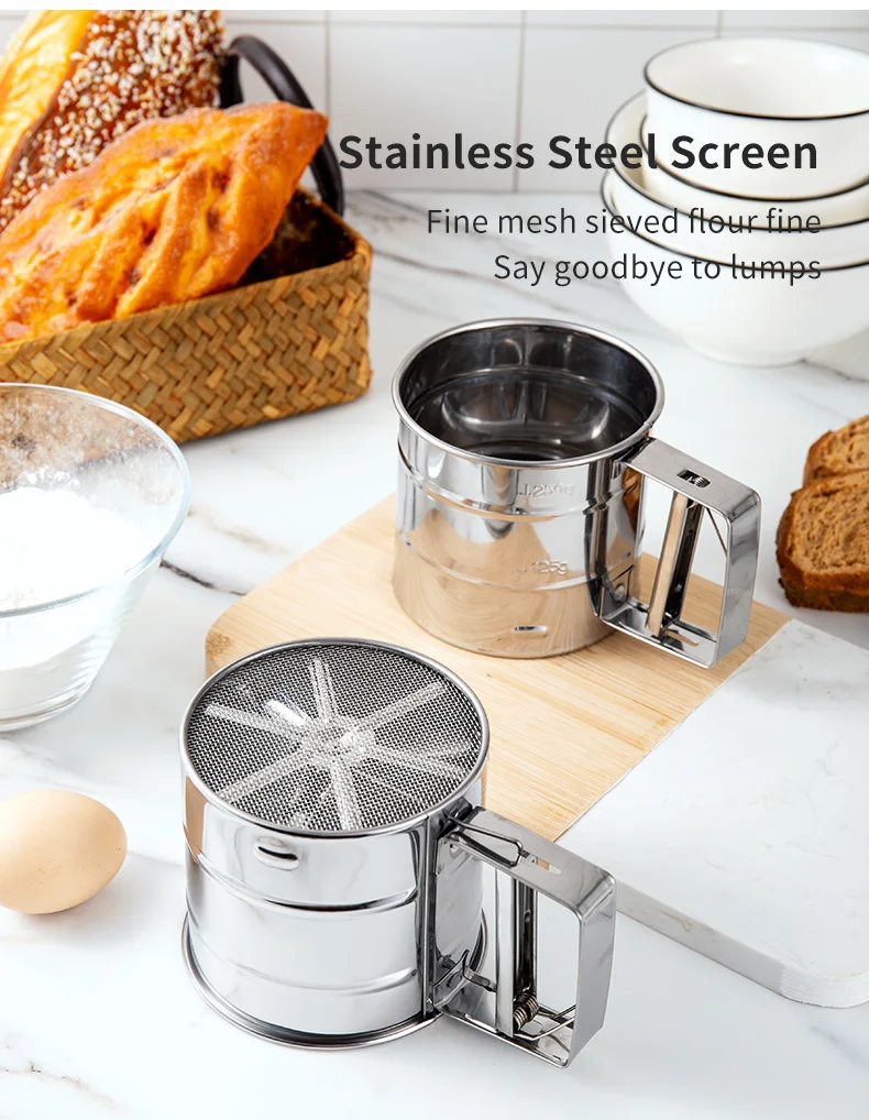 Stainless Steel Shaker Sieve Cup Mesh Crank Flour Sifter with Measuring Scale for Flour Icing Sugar