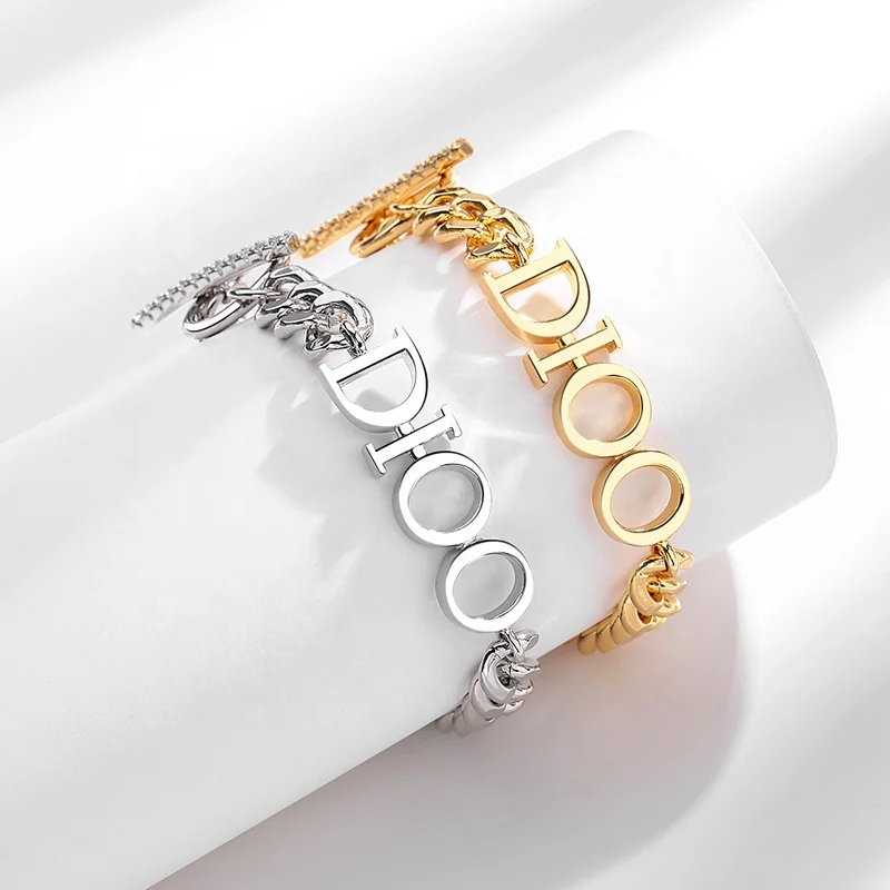 Fashion Cuban Chain with Letter Famous  Brands Jewelry Bracelets 18K Gold Copper Designer Bracelet Femme Jewelry