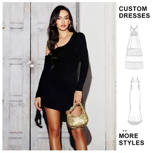 OEM Custom Slanted Shoulder Design Bodycon Fashion Slim Sexy Long Sleeve Black Women's Dresses Elegant Party Dress