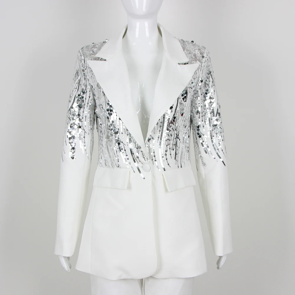 New Arrival Elegant Lady Office Sets Shining Sequin Blazer And Pants