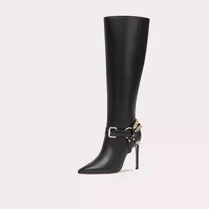 Autumn Knee-High Stiletto Heel Party Footwear Microfiber Upper Zip Closure Boot with Pointed Toe