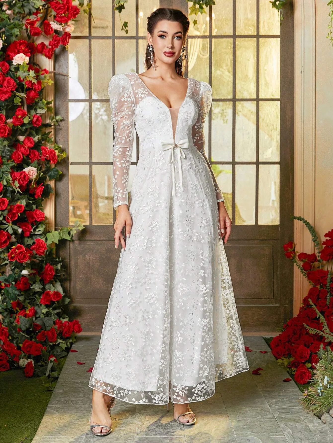 mesh puff long sleeve dress CD 0182 Size 18 A Line Shimmer Long Sheer Puff Sleeve Mother Of Dress Formal Evening Gown