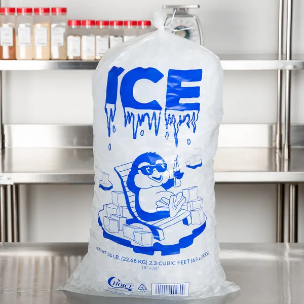 Choice 10 lb. Clear Plastic Drawstring Ice Bag with Ice Print