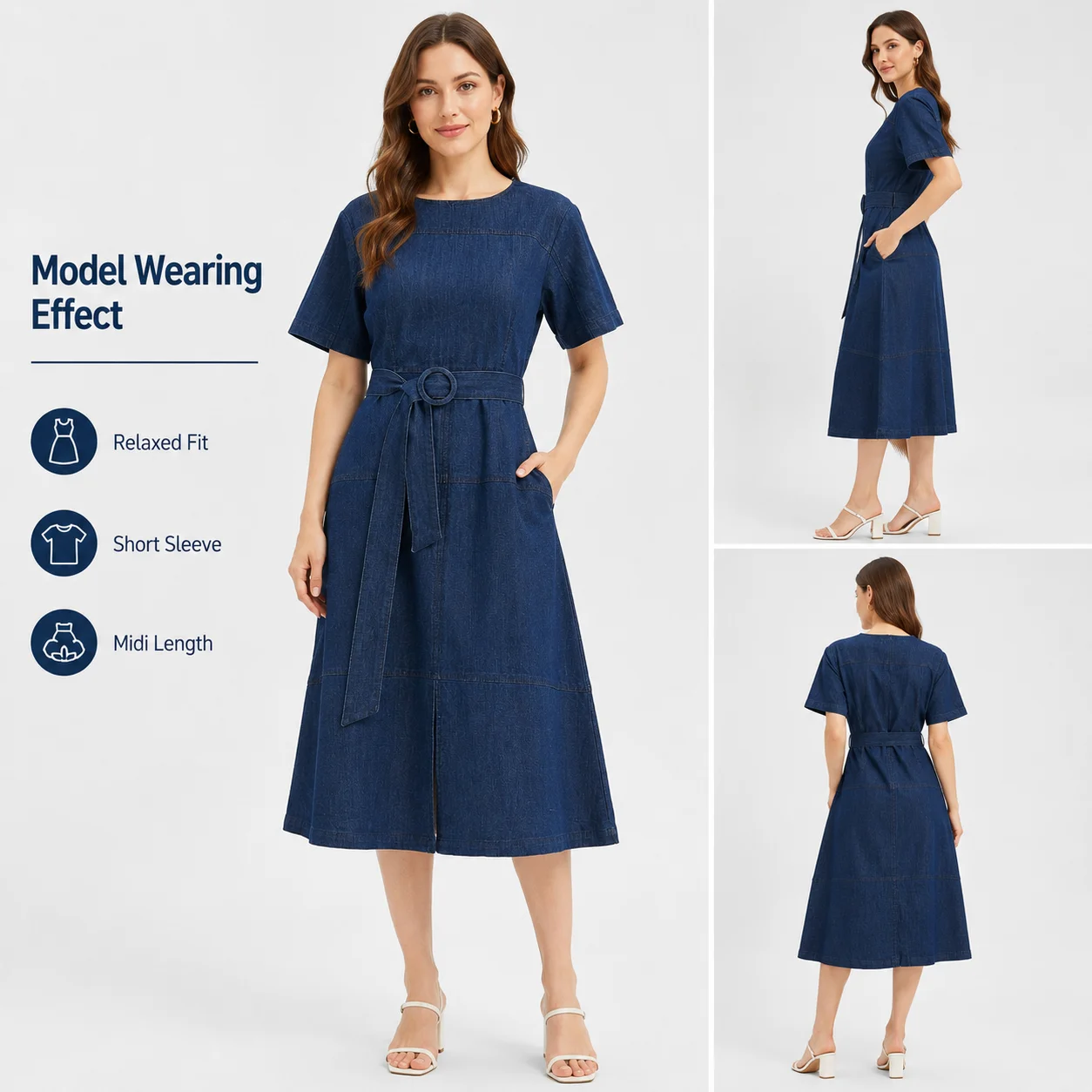 OEM ODM Summer Midi Denim Dresses Cotton Blend Dark Wash Casual Breathable Plus Size Women Dresses