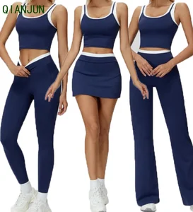 Wholesale Custom Logo Color Blocking Active Bra High Waist Legging Skirt Women Sportwear  Gym Fitness Sets