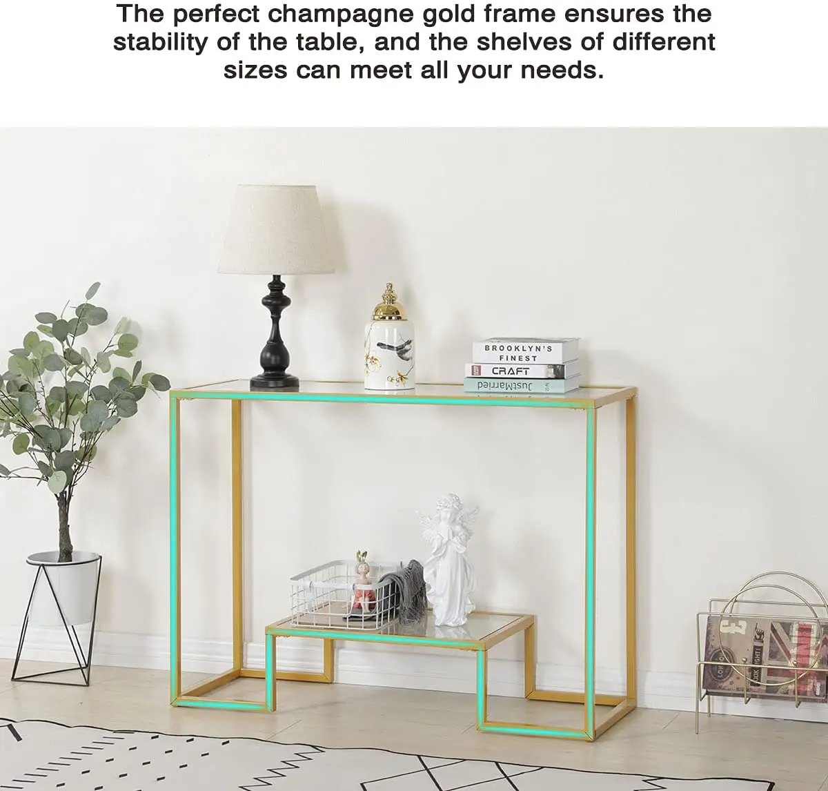 Console Table Modern Luxury Gold Metal Tempered Glass Top Mirrored