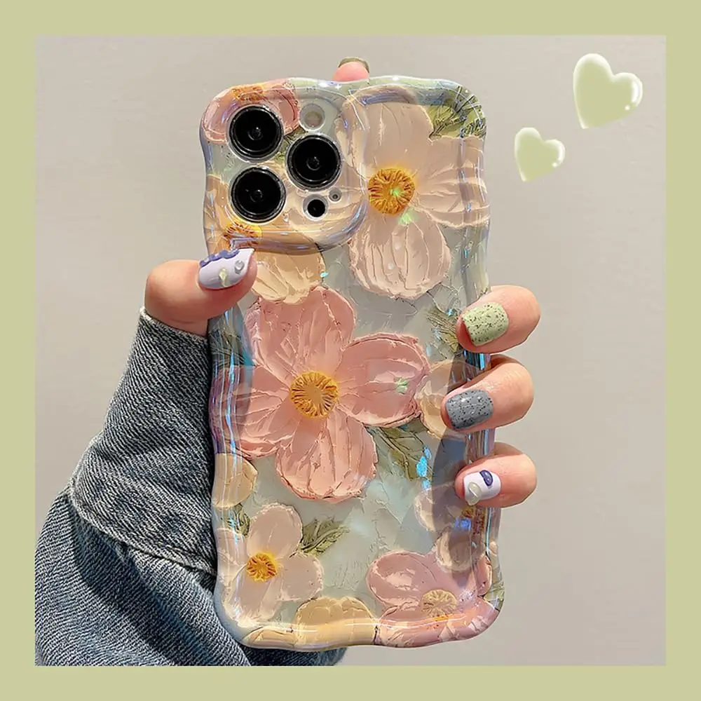 Laudtec Case for iPhone 16 Pro Colorful Retro Oil Painting Printed Flower Laser Beam Glossy Cute Curly Waves Border Phone Cover