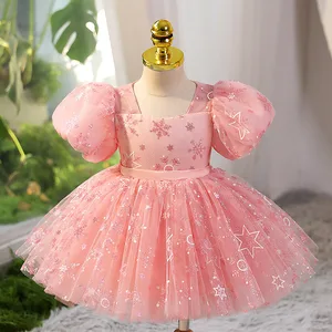 Girls' O-Neck Casual Solid Satin Knee-Length Breathable Dress Summer Children's pink Little Girl's First Birthday Princess