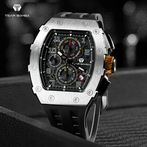 TASR BOMBA Men's Sapphire Analog Chronograph Quartz Watch 50 Meter Waterproof Seiko Movement Tonneau Case Silicone Fashion