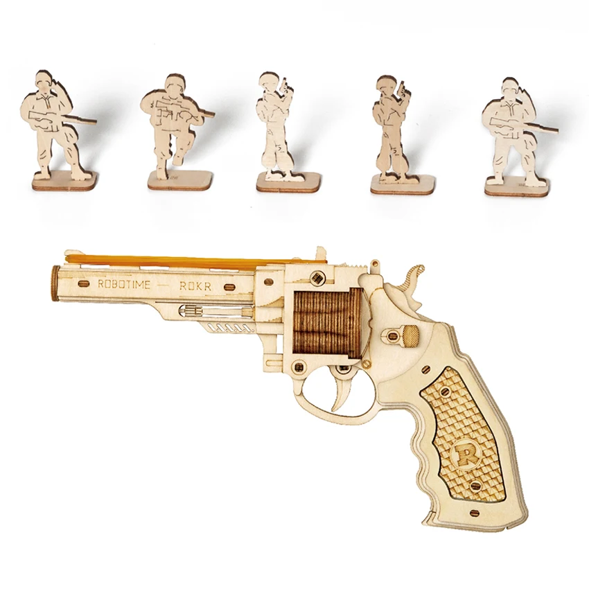 CPC Certificated Robotime Rokr DIY Wooden Gun Toy With Safe Rubber Bullet 3D Puzzles