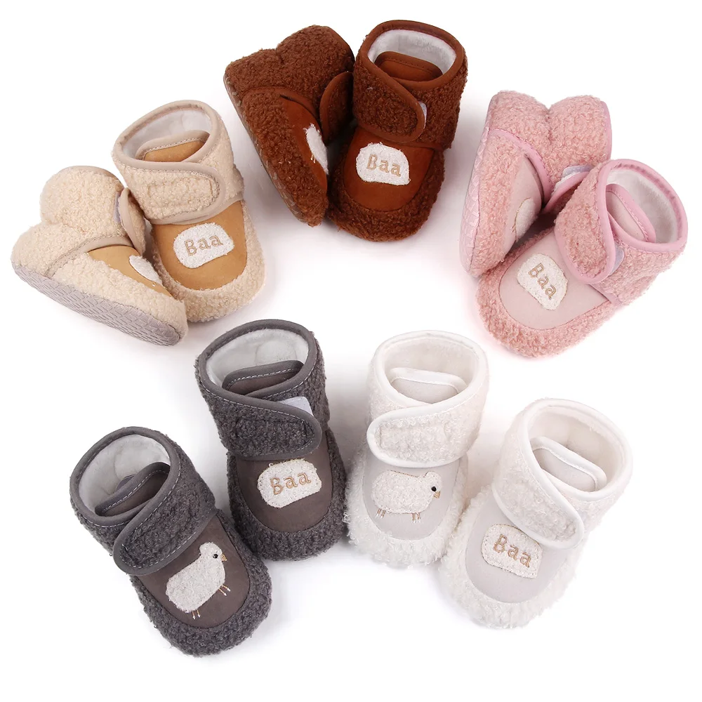 Winter Baby Fluffy Lamb Solid Color Warm High Top Soft Sole Infants Walking Cotton Boots