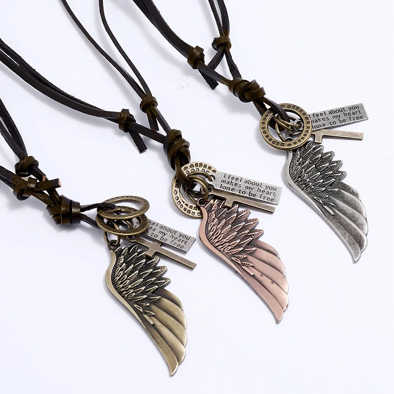 Cord Retro HOT Adjustable Vintage Charms Genuine Wing Necklace Leather Pendant 