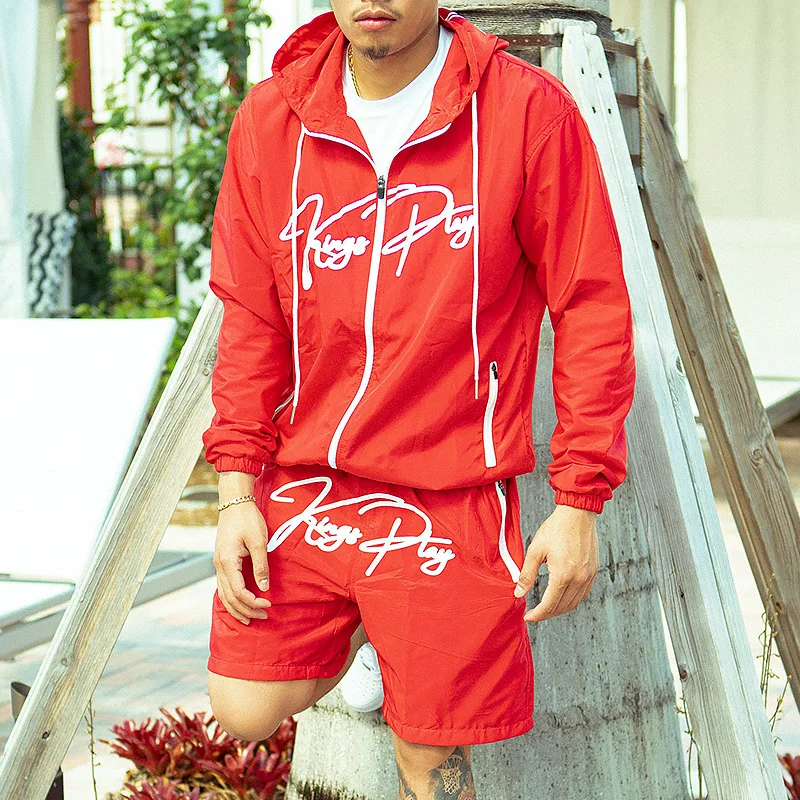 OEM Custom Reflective Track Suit Two Piece Short Sweatsuit Nylon Zipper Windbreaker Jacket Short Set Tracksuit for Men