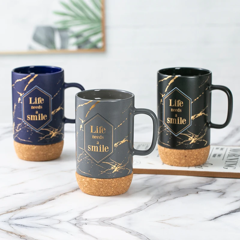 18 Oz Tall Cork Bottom Stoneware with Customized Designs Beer Mug Wholesale  Gold Marble Design Ceramic Mug With Cork Base