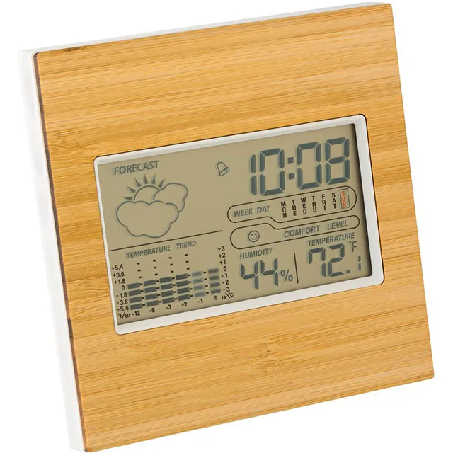 Bamboo Front Multi-functional Thermometer Temperature Humidity Calendar Weather Station Clocks