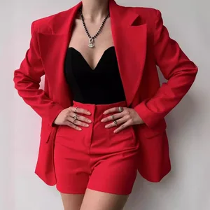 2025 Spring Autumn Fashion Notched Collar Blazer Top & Slim Bodycon Shorts Outfit Commute Elegant Solid Two Piece Women Suit Set