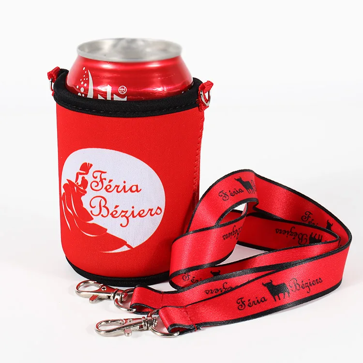 Popular sublimation can cooler bottle neoprene cover for promotion gifts custom neoprene sleeve with fashion lanyard cup holder