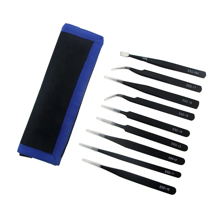 KS-ESD-9 9Pcs Anti estática ESD pinzas de acero inoxidable de ...