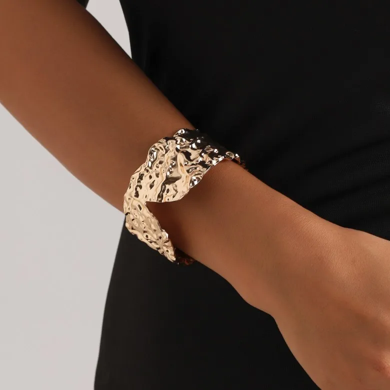 Ins Fashion Punk Exaggerated Geometric Pleats Irregular Real 10k Gold Opening Cuban Bracelet Jewelry for Women
