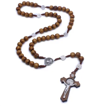 Wood Jewelry Rosary Catholic Handmade 10MM Beads Cross Necklace Religious Necklace Jewelry Cross Pendant Rosary Necklace