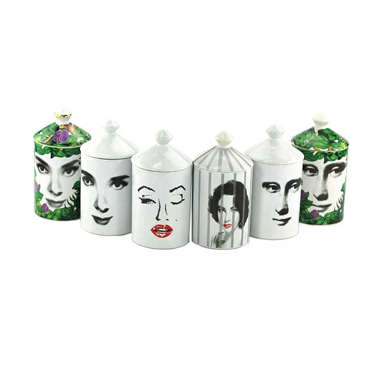 Wholesale Custom Printed Lady Face Luxury Ceramic Scent Candle Holder Container Jar with Lids envases para velas