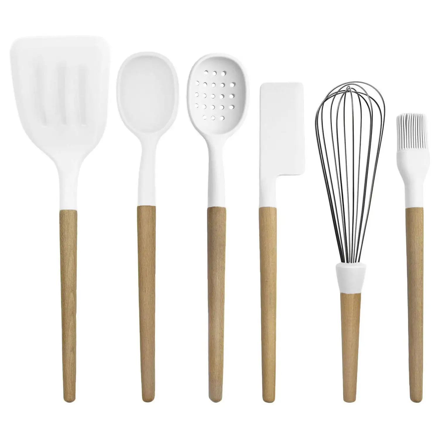 New Arrive 2022 Factory Kitchen Accessories Heat Resistant 11 Pcs Cooking Tools With Wood Handle White Silicone Utensil Set manufacture