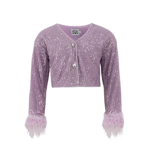 Girls Party Cardigan Sequin Long Sleeve Tulle Feather Trim Rhinestone Hollow Out Mesh Elegant Design Girls' Sweater