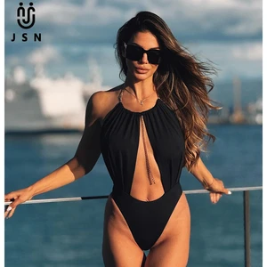JSN 2026 Customized New Sexy Hollow Out One-Piece Bikini with High Slit Beachwear Halter Chain Women's Backless Fashion Swimsuit