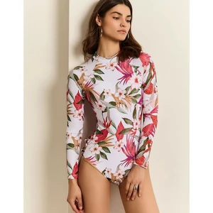 Custom Logo Womens Long Sleeve Rash Guard UV UPF 50+ Sun Protection Printed Floral Surfing One Piece Swimsuit Bathing Suit 2026