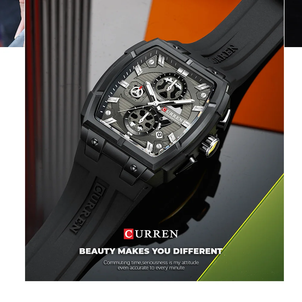 CURREN 8488 Men's Watches Luxury Square Quartz Wristwatch Waterproof Luminous Chronograph Watch for Men Date Clock
